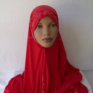 Muslim Hijab RED Shayla Fashion Rhinestones Jersey Scarves 28 x 70 inch Scarf